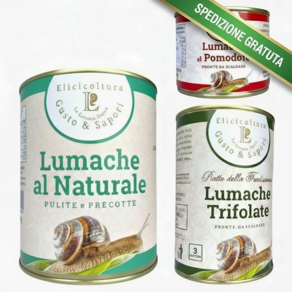 Box Degustazione Gourmet di Lumache La Lumaca Bianca – 3 lattine da 830 g, 200 g e 420 g con lumache al naturale, al pomodoro e trifolate Made in Italy