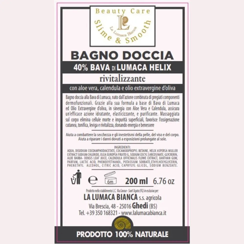 Etichetta Bagno Doccia Rivitalizzante - 40% Bava di Lumaca - 200 ml - Ghedi (BS) - La Lumaca Bianca