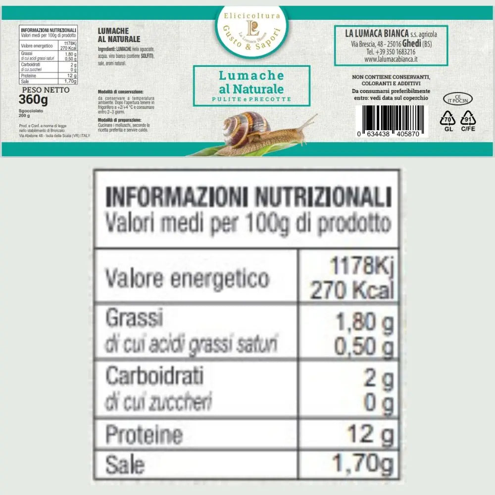 Etichetta barattolo in vetro di lumache al naturale precotte e pulite. Composta da chiocciole Helix Aspersa cotte con ingredienti naturali. Prodotto Biologico e italiano. 360 gr - Ghedi (BS) - La Lumaca Bianca