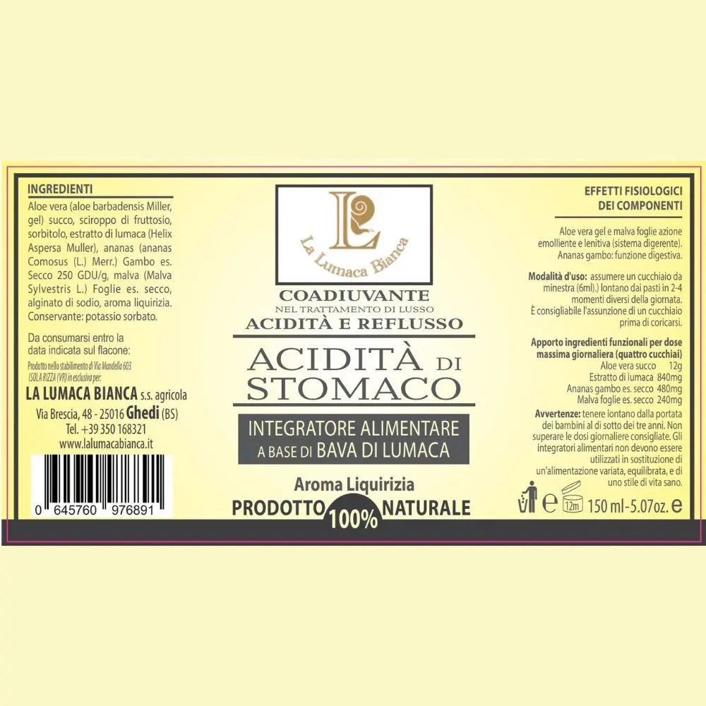 Etichetta sciroppo acidità di stomaco - integratore alimentare alla bava di lumaca - la lumaca bianca