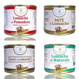 Box Selezione Gastronomica di Lumache La Lumaca Bianca – 4 lattine da 200g con lumache al naturale, paté, al pomodoro e ragù artigianali Made in Italy