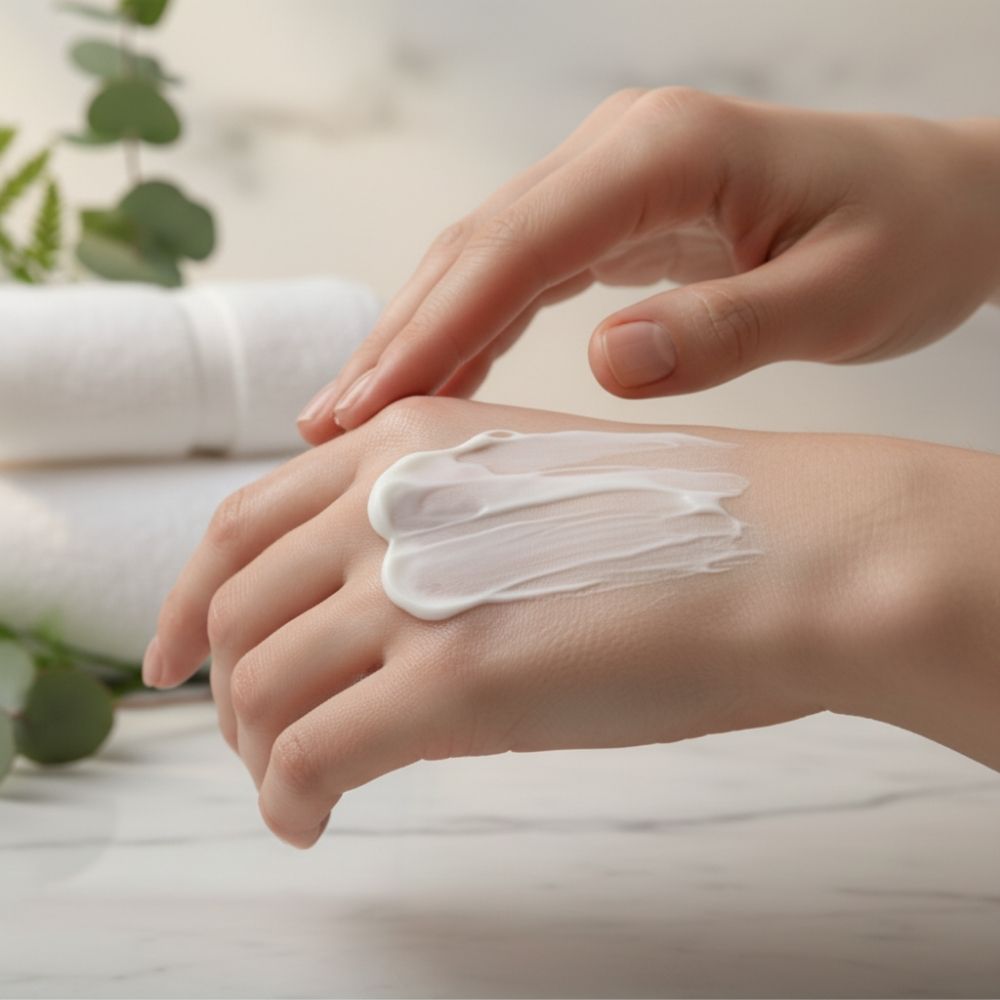 Applicazione crema corpo con 30% bava di lumaca su mani - texture ricca e setosa
