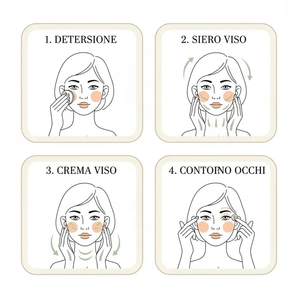 procedura  skincare antirughe con bava di lumaca: 1 latte detergente, 2 siero viso, 3 crema viso, 4 contorno occhi.