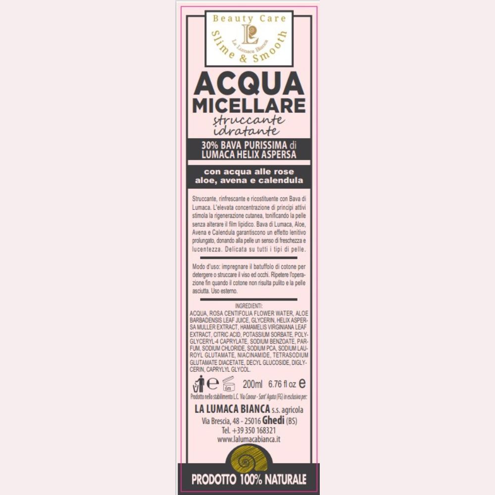 Etichetta Acqua Micellare Struccante, Idratante- 30% Bava di Lumaca - 200 ml - Ghedi (BS) - La Lumaca Bianca