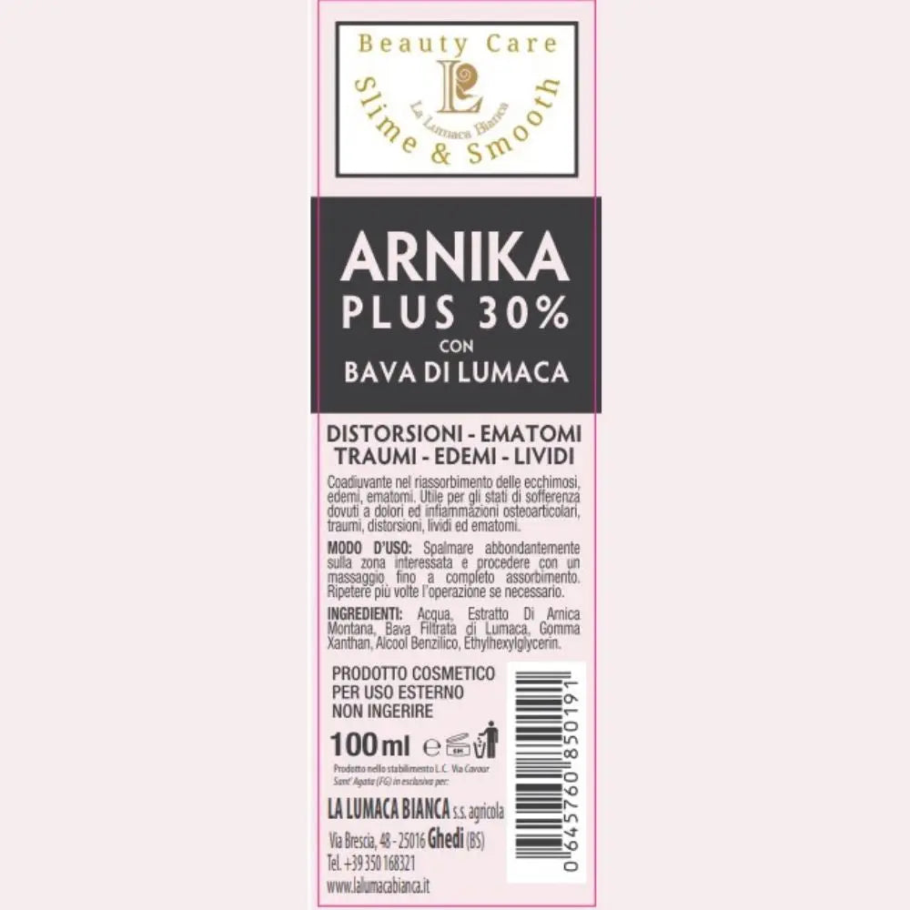 Etichetta Crema Arnika Plus, integratore naturale per trattare traumi, distorsioni, edemi lividi ed ematomi. Crema in tubetto da 100 ml con 30% di bava di lumaca - Ghedi (BS) - la lumaca bianca