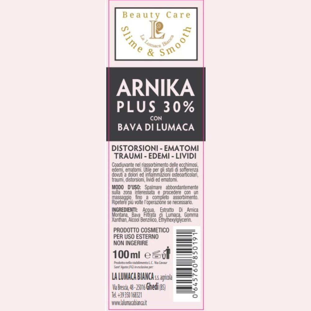 Etichetta Crema Arnika Plus, integratore naturale per trattare traumi, distorsioni, edemi lividi ed ematomi. Crema in tubetto da 100 ml con 30% di bava di lumaca - Ghedi (BS) - la lumaca bianca