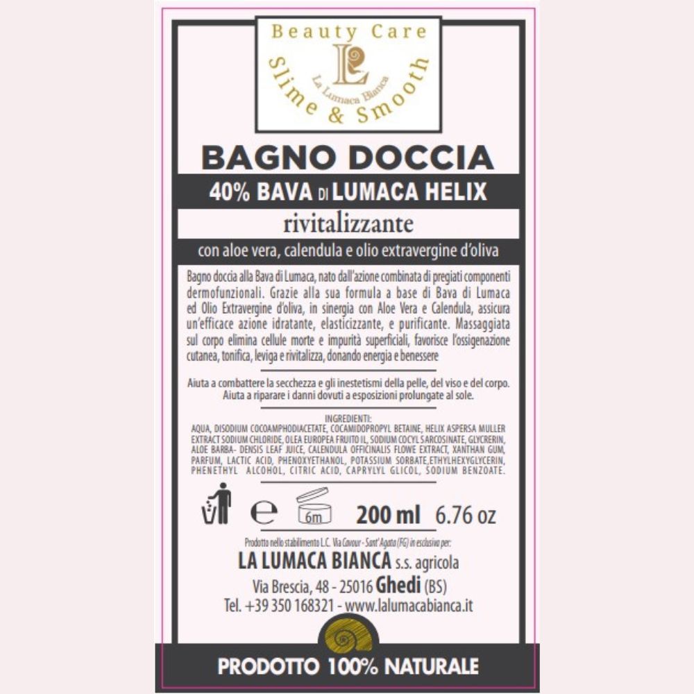 Etichetta Bagno Doccia Rivitalizzante - 40% Bava di  Lumaca - 200 ml - Ghedi (BS) - La Lumaca Bianca