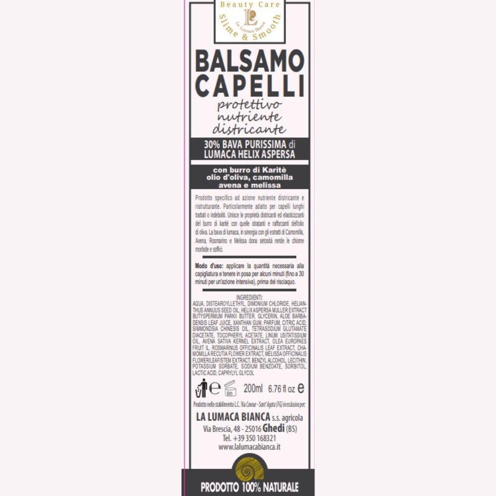 Etichetta Balsamo capelli, protettivo, nutriente, districante con bava di lumaca. Prodotto biologico - Ghedi (BS) - La Lumaca Bianca