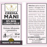 Etichetta Crema mani con il 60% di bava di lumaca. Prodotto naturale al 100% utile per idratare e proteggere la pelle delle mani - Ghedi (BS) - La Lumaca Bianca