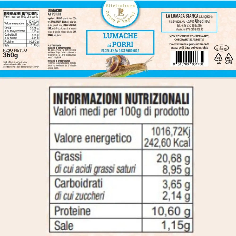 Etichetta e valori nutrizionali delle lumache ai porri in confezione vetro da 360 grammi. Eccellenza gastronomica biologica prodotta in Italia. Composta da lumache, porri, pancetta suina e crema di grana padano reggiano e atre spezie e aromi.- Ghedi (BS) - La Lumaca Bianca