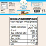 Etichetta e valori nutrizionali delle lumache ai porri in confezione vetro da 360 grammi. Eccellenza gastronomica biologica prodotta in Italia. Composta da lumache, porri, pancetta suina e crema di grana padano reggiano e atre spezie e aromi.- Ghedi (BS) - La Lumaca Bianca