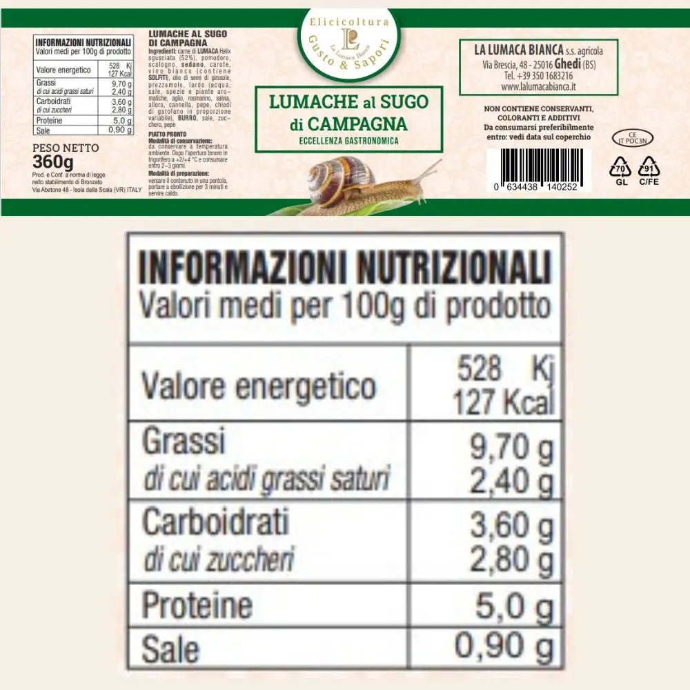 Etichetta barattolo in vetro di lumache al sugo di campagna. Un'eccellenza gastronomica biologica. Composta da carne chiocciole Helix, sugo di pomodoro, aromi e spezie naturali. Prodotto Biologico e italiano. 360 gr - Ghedi (BS) - La Lumaca Bianca