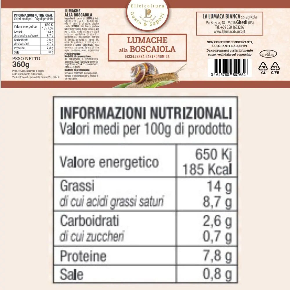 Etichetta barattolo in vetro di lumache alla boscaiola. Un'eccellenza gastronomica biologica. Composta da carne chiocciole Helix, sugo di pomodoro, aromi e spezie naturali. Prodotto Biologico e italiano. 360 gr - Ghedi (BS) - La Lumaca Bianca