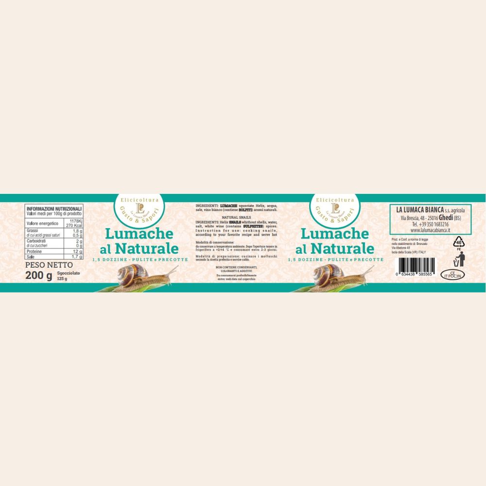 Etichetta lattina lumache al naturale precotte e pulite. Composta da 18 pz chiocciole Helix Aspersa cotte con ingredienti naturali. Prodotto Biologico e italiano - Ghedi (BS) - La Lumaca Bianca