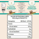 Etichetta e tabella nutrizionale della conserva di lumache al naturale precotte e pulite. La lattina in metallo contiene 96 chiocciole per un peso complessivo di 830 gr. Il prodotto è made in Italy e biologico. 100 gr di prodotto contengono 285 Kcal, 1,2 gr grassi, 2 g carboidrati, 15 gr proteine, 1,8 gr di sale. Le lumache hanno una prezzatura medio-grande. - Ghedi (BS) - La Lumaca Bianca