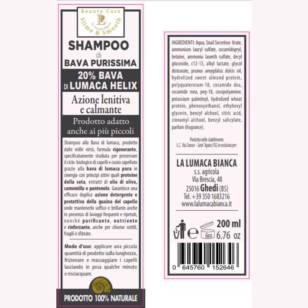 Shampoo ad azione lenitiva e calmante con il 20% di bava di lumaca purissima - Ghedi (BS) - La Lumaca Bianca