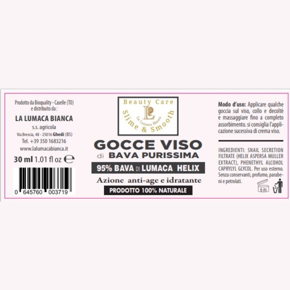 Etichetta Gocce di bava purissima al 95%. Azione anti-age e idratante. Prodotto 100% naturale - Ghedi (BS) - La Lumaca Bianca