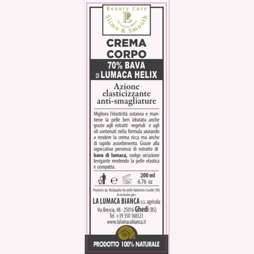 Etichetta Tubetto crema corpo con il 70% di bava di lumaca. Prodotto naturale al 100% con azione elasticizzante e anti-smagliature. 200ml - Ghedi (BS) - La Lumaca Bianca