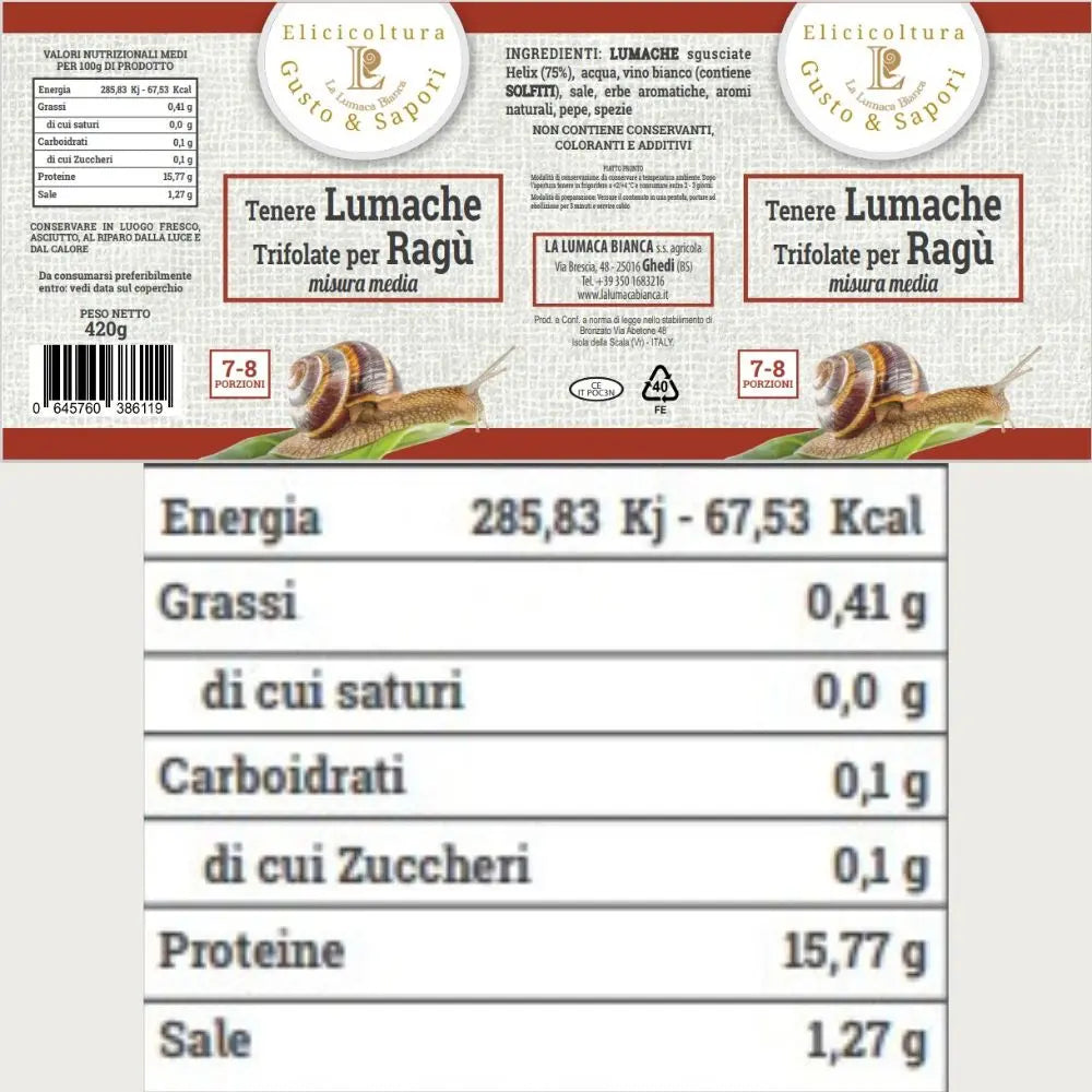 Etichetta e valori nutrizionali delle lumache trifolate per ragù in lattina. Prodotto biologico de La Lumaca Bianca Ghedi (BS). La confezioni del peso di 420 gr netti è sufficiente per condire 8 porzioni di pasta. Valori nutrizionali per 100 gr: 67 calorie, 16 gr di proteine, 0,40 gr di grassi, 0,1 gr di carboidrati.