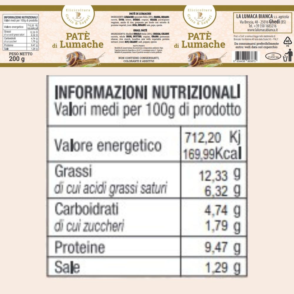 Etichetta del paté di lumache in lattina da 200 gr. Prodotto italiano ideale per preparare spuntini, antipasti e condire secondi - La Lumaca Bianca - Ghedi