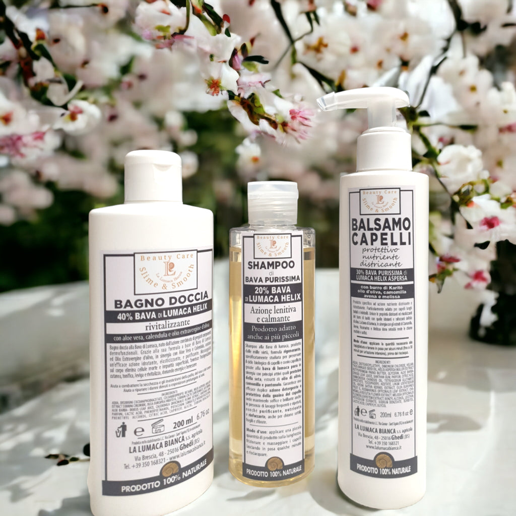 Kit  Rigenerante e Nutriente - Corpo e Capelli - shampoo, bagno doccia e balsamo per capelli alla bava di lumaca - la lumaca bianca - ghedi