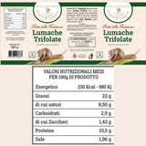 Etichetta lumache trifolate pronte da scaldare in lattina da 420 gr, 3 porzioni. 100 gr di prodotto contengono 230 calorie, 22 gr di grassi, 2,9 gr di carboidrati, 10,5 gr di proteine. Prodotto biologico made in Italy - Ghedi - La Lumaca Bianca