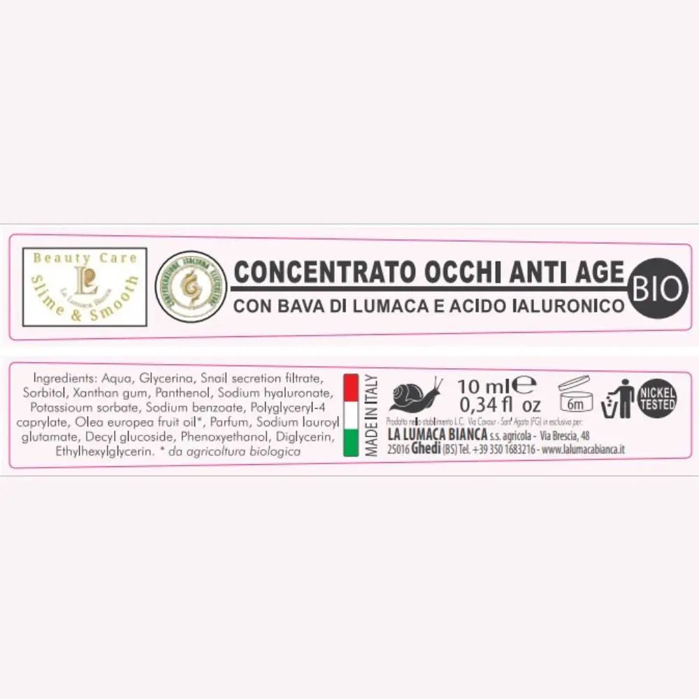 Etichetta roll-on crema contorno occhi anti age, antirughe e antiborse con bava di lumaca e acido Ialuronico 10ml - Ghedi (BS) -La Lumaca Bianca